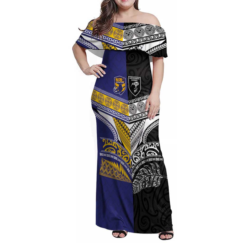 Custom Rugby Niue and Aotearoa Family Matching Off Shoulder Maxi Dress and Hawaiian Shirt Hiapo with Maori Moko Tribal Heritage Tattoos - Polynesian Pride
