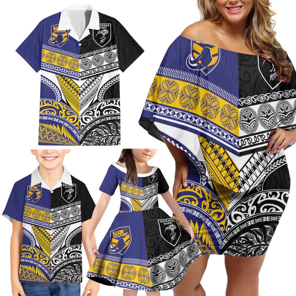 Custom Rugby Niue and Aotearoa Family Matching Off Shoulder Short Dress and Hawaiian Shirt Hiapo with Maori Moko Tribal Heritage Tattoos - Polynesian Pride