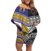 Custom Rugby Niue and Aotearoa Family Matching Off Shoulder Short Dress and Hawaiian Shirt Hiapo with Maori Moko Tribal Heritage Tattoos - Polynesian Pride