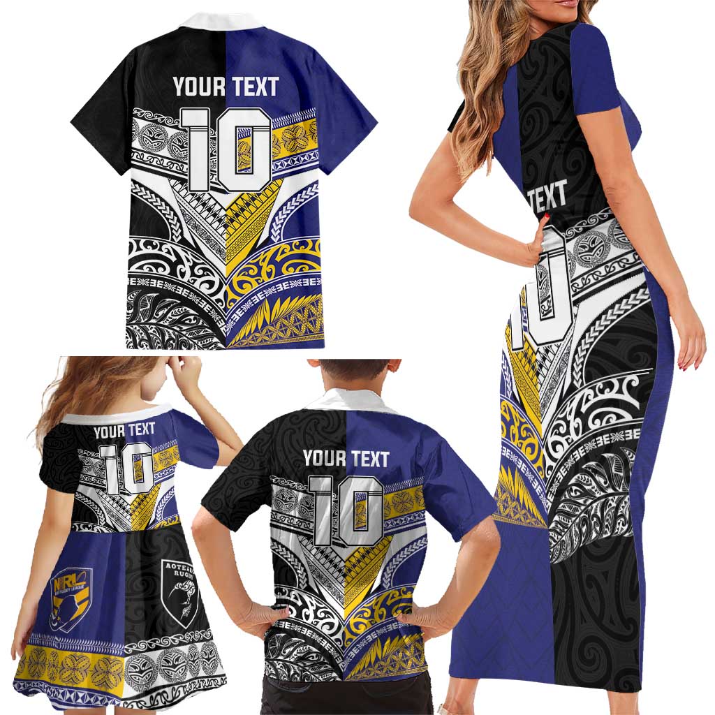 Custom Rugby Niue and Aotearoa Family Matching Short Sleeve Bodycon Dress and Hawaiian Shirt Hiapo with Maori Moko Tribal Heritage Tattoos - Polynesian Pride