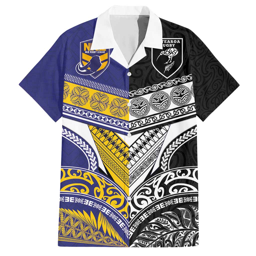Custom Rugby Niue and Aotearoa Family Matching Short Sleeve Bodycon Dress and Hawaiian Shirt Hiapo with Maori Moko Tribal Heritage Tattoos - Polynesian Pride
