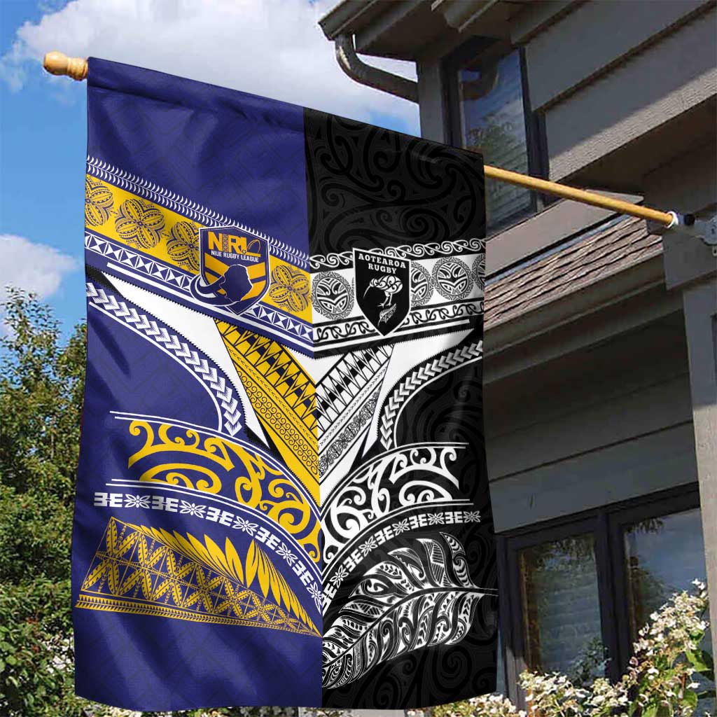 Rugby Niue and Aotearoa Garden Flag Hiapo with Maori Moko Tribal Heritage Tattoos - Polynesian Pride