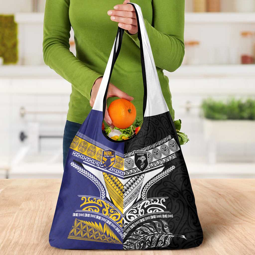 Rugby Niue and Aotearoa Grocery Bag Hiapo with Maori Moko Tribal Heritage Tattoos - Polynesian Pride