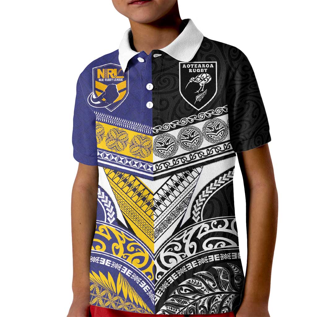 Custom Rugby Niue and Aotearoa Kid Polo Shirt Hiapo with Maori Moko Tribal Heritage Tattoos - Polynesian Pride