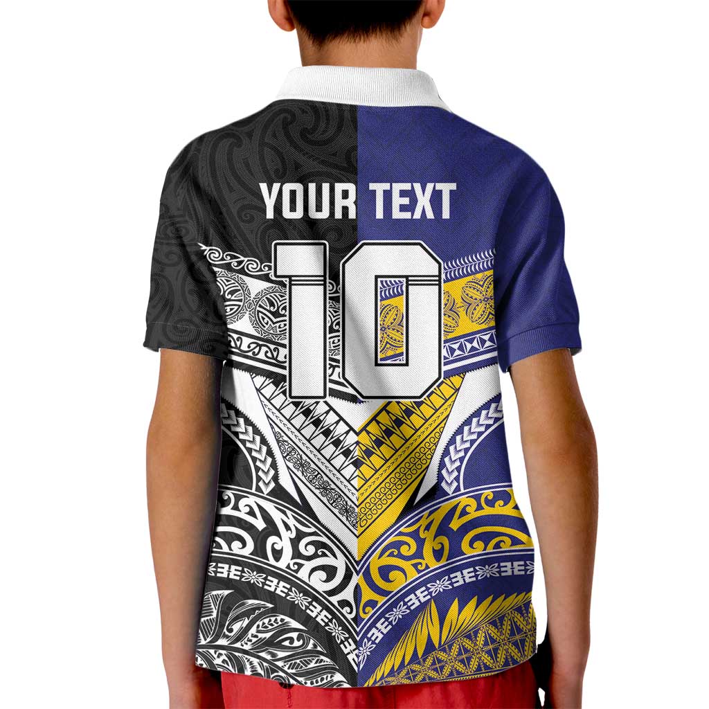 Custom Rugby Niue and Aotearoa Kid Polo Shirt Hiapo with Maori Moko Tribal Heritage Tattoos - Polynesian Pride