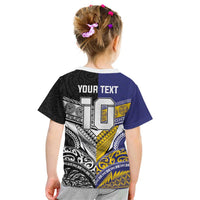 Custom Rugby Niue and Aotearoa Kid T Shirt Hiapo with Maori Moko Tribal Heritage Tattoos - Polynesian Pride