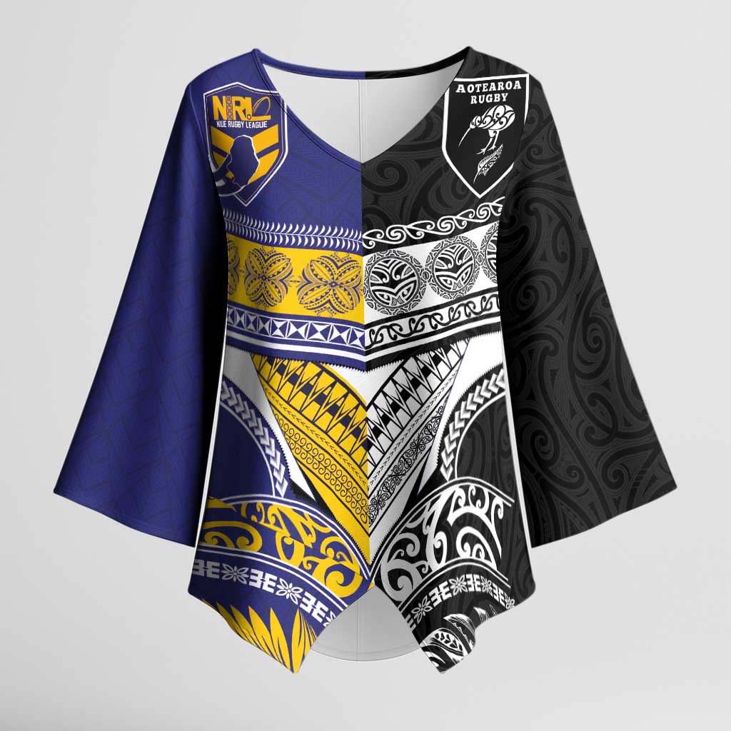 Custom Rugby Niue and Aotearoa Kimono Sleeve Blouse Hiapo with Maori Moko Tribal Heritage Tattoos - Polynesian Pride