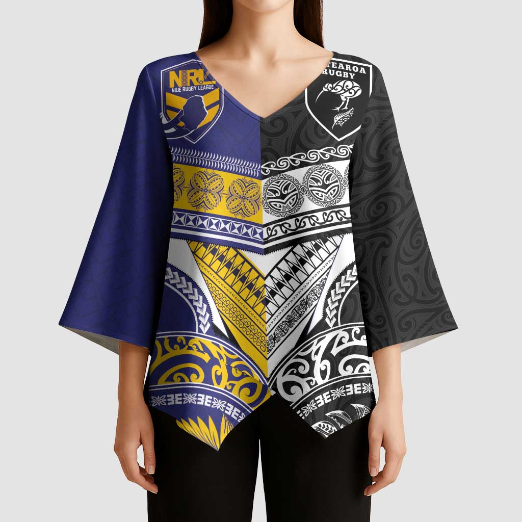 Custom Rugby Niue and Aotearoa Kimono Sleeve Blouse Hiapo with Maori Moko Tribal Heritage Tattoos - Polynesian Pride