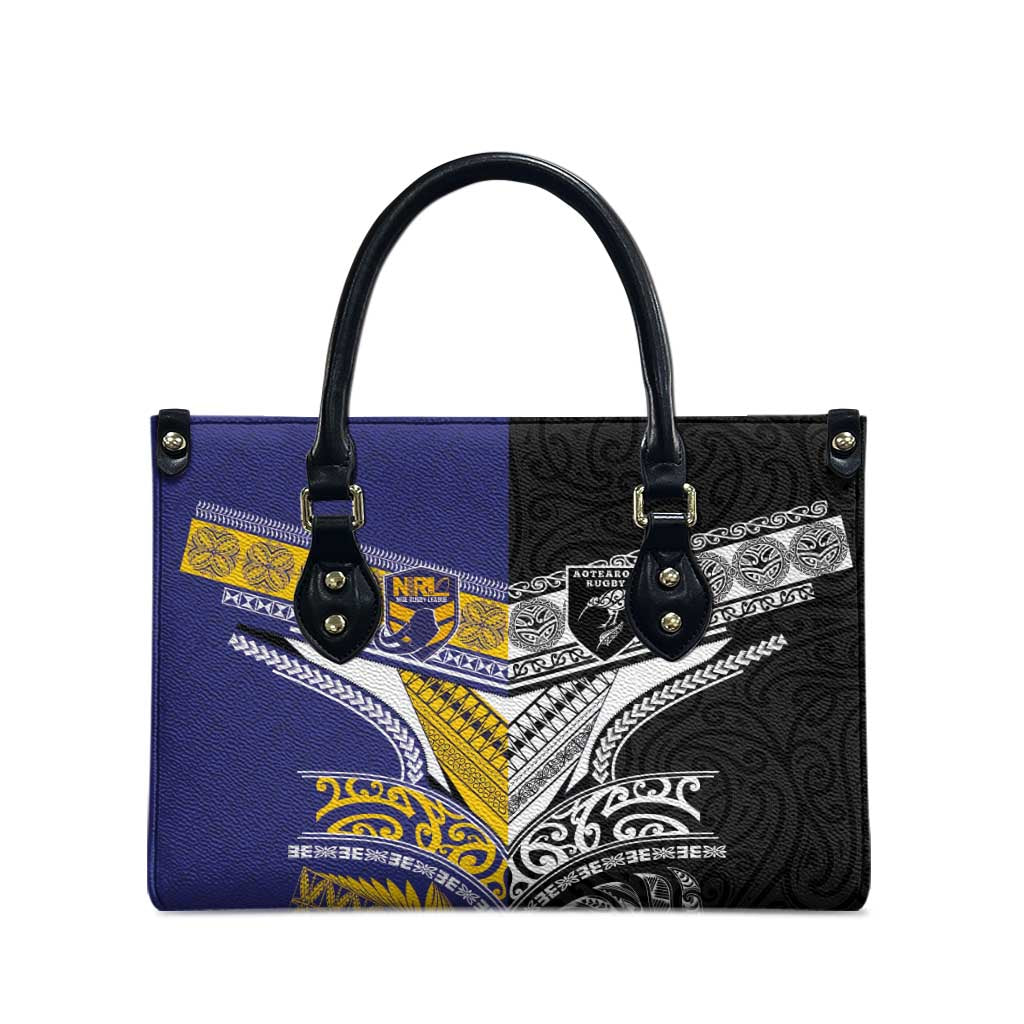 Rugby Niue and Aotearoa Leather Bag Hiapo with Maori Moko Tribal Heritage Tattoos - Polynesian Pride