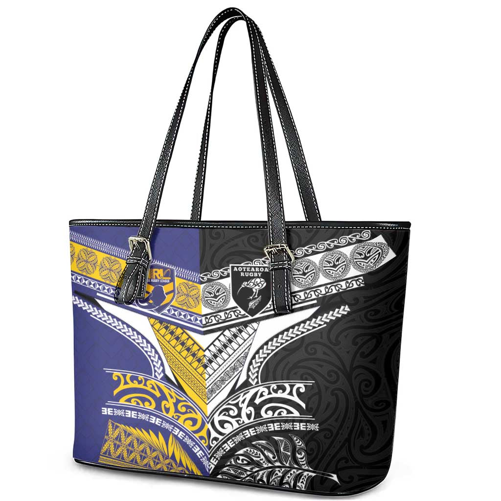 Rugby Niue and Aotearoa Leather Tote Bag Hiapo with Maori Moko Tribal Heritage Tattoos - Polynesian Pride