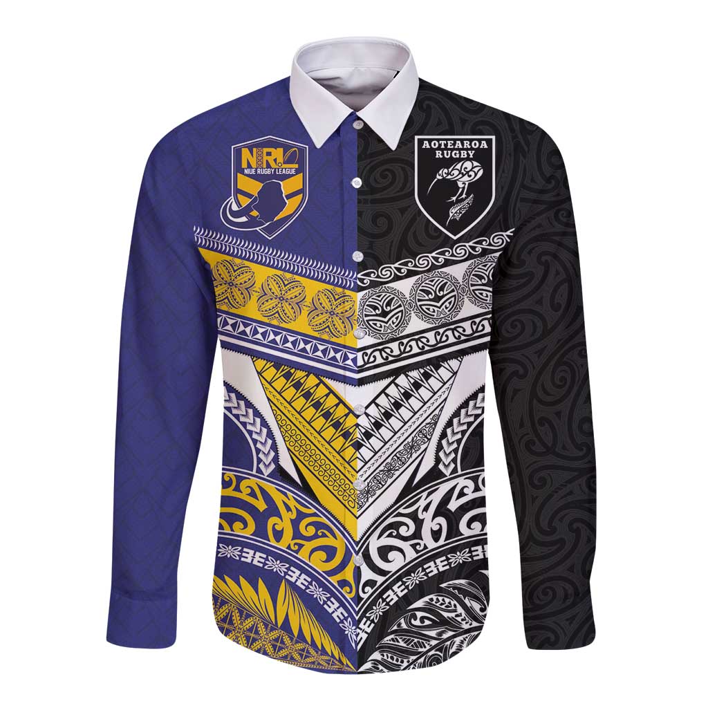 Custom Rugby Niue and Aotearoa Long Sleeve Button Shirt Hiapo with Maori Moko Tribal Heritage Tattoos - Polynesian Pride