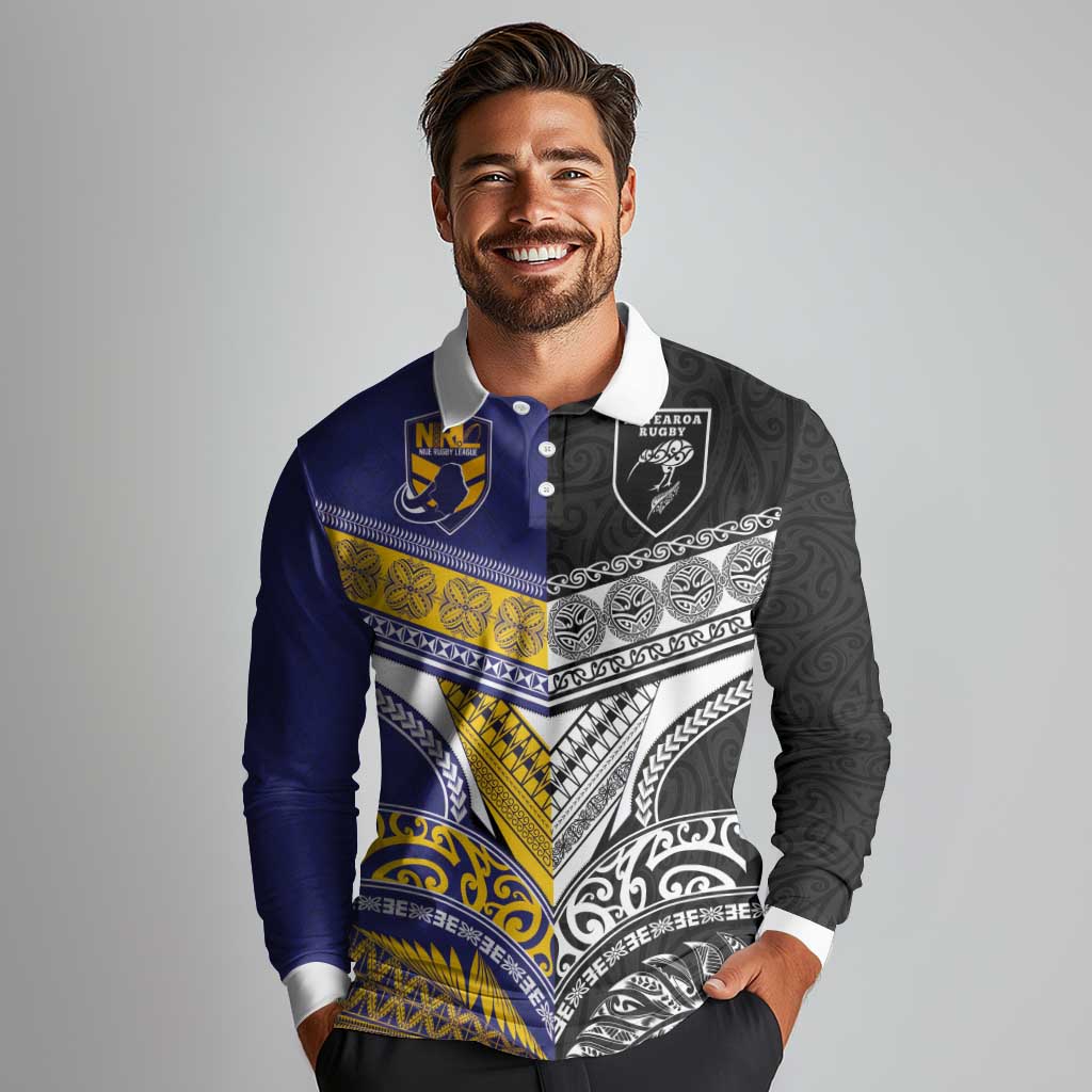 Custom Rugby Niue and Aotearoa Long Sleeve Polo Shirt Hiapo with Maori Moko Tribal Heritage Tattoos - Polynesian Pride