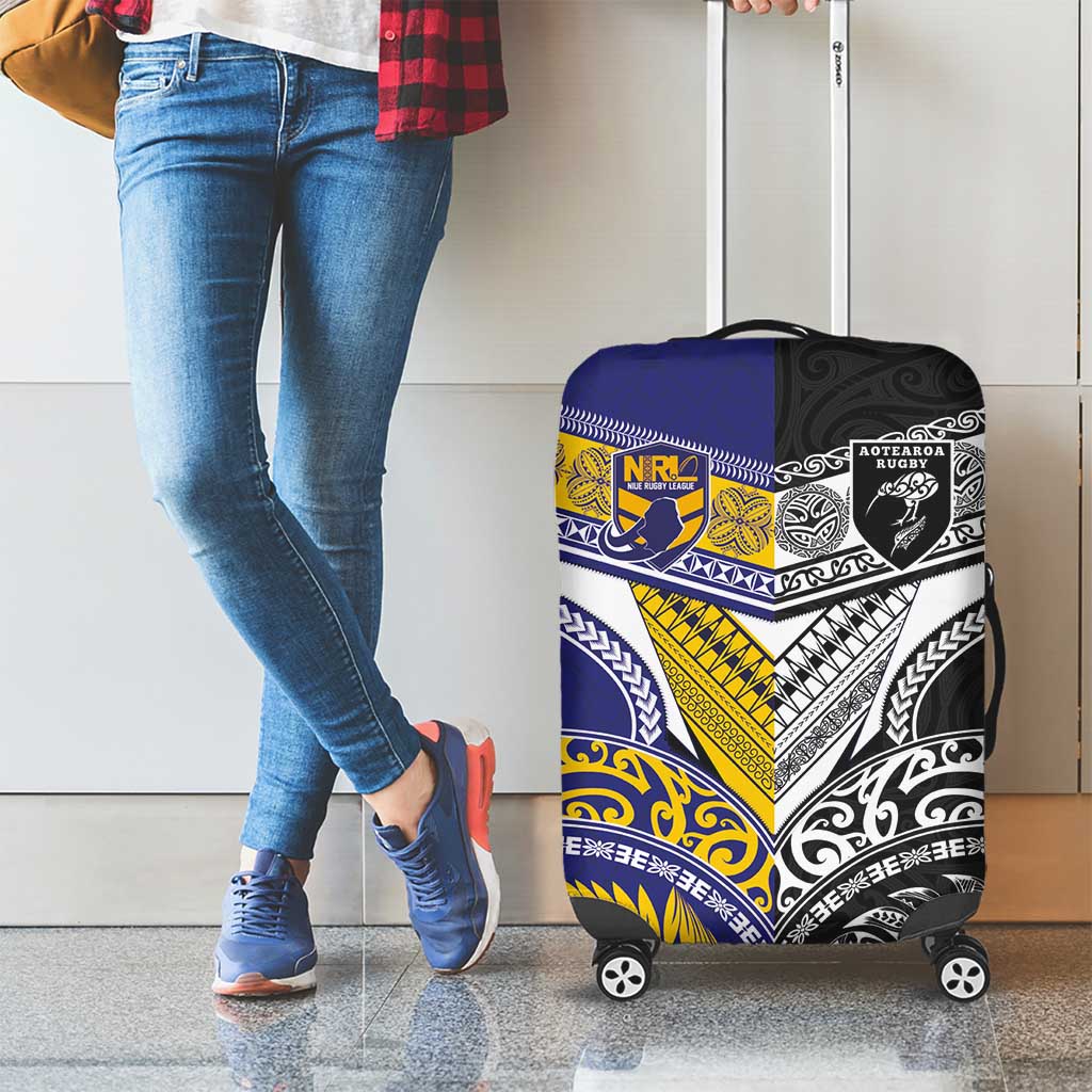 Rugby Niue and Aotearoa Luggage Cover Hiapo with Maori Moko Tribal Heritage Tattoos - Polynesian Pride
