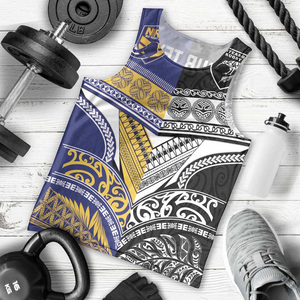 Custom Rugby Niue and Aotearoa Men Tank Top Hiapo with Maori Moko Tribal Heritage Tattoos - Polynesian Pride