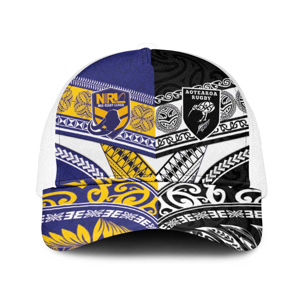 Niue and Aotearoa Rugby Mesh Trucker Cap Hiapo with Maori Moko Tribal Heritage Tattoos - Polynesian Pride