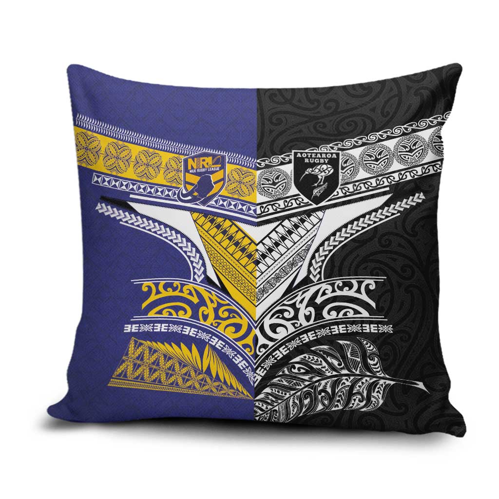 Rugby Niue and Aotearoa Pillow Cover Hiapo with Maori Moko Tribal Heritage Tattoos - Polynesian Pride
