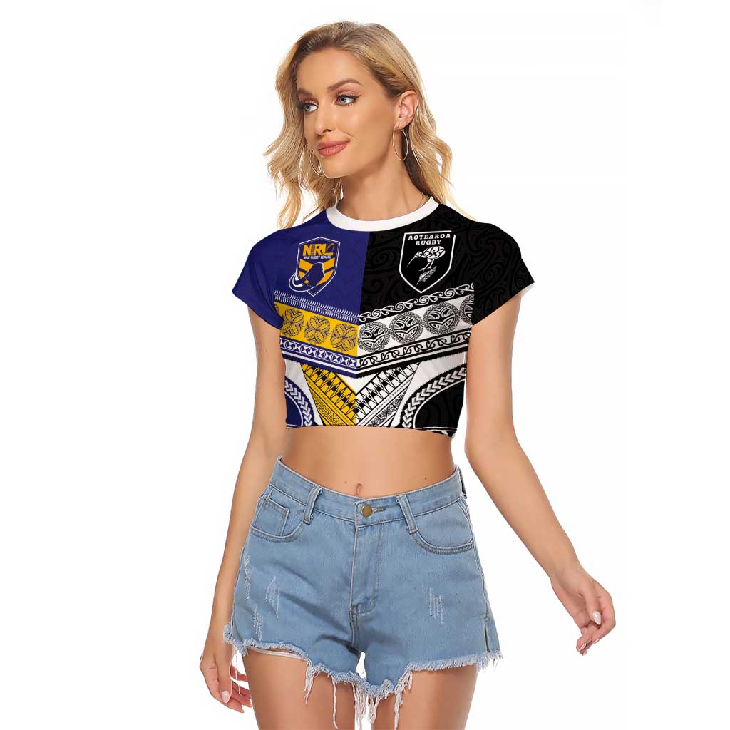 Custom Rugby Niue and Aotearoa Raglan Cropped T Shirt Hiapo with Maori Moko Tribal Heritage Tattoos - Polynesian Pride
