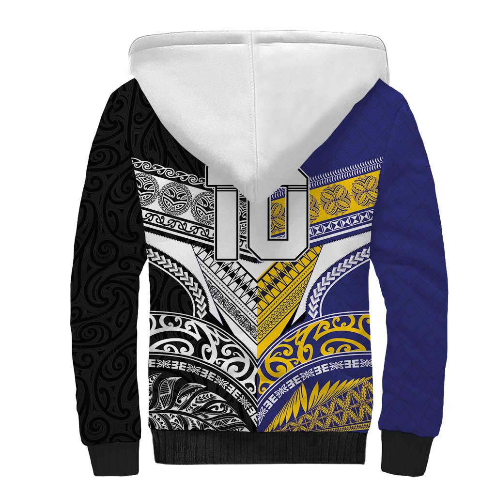 Custom Rugby Niue and Aotearoa Sherpa Hoodie Hiapo with Maori Moko Tribal Heritage Tattoos - Polynesian Pride