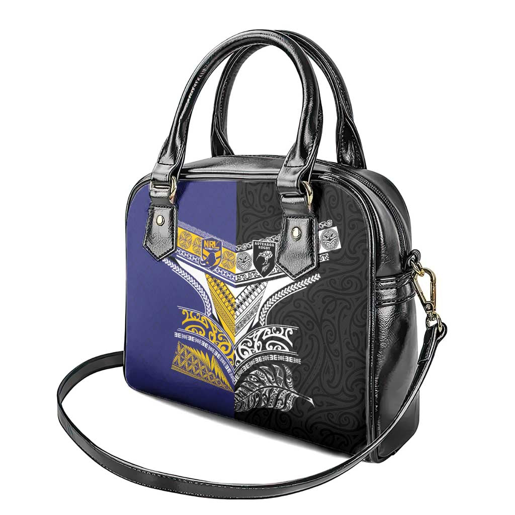 Rugby Niue and Aotearoa Shoulder Handbag Hiapo with Maori Moko Tribal Heritage Tattoos - Polynesian Pride