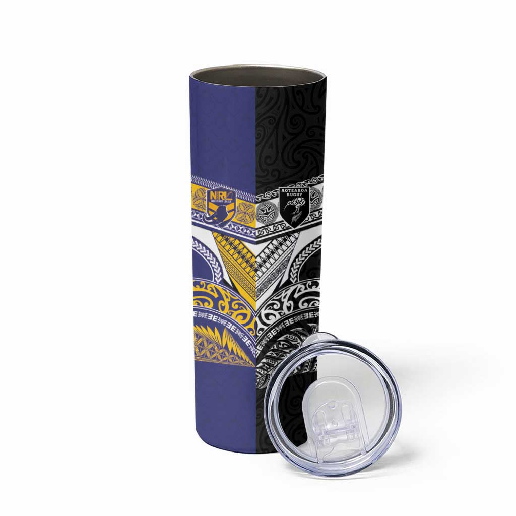 Custom Rugby Niue and Aotearoa Skinny Tumbler Hiapo with Maori Moko Tribal Heritage Tattoos - Polynesian Pride