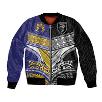 Custom Rugby Niue and Aotearoa Sleeve Zip Bomber Jacket Hiapo with Maori Moko Tribal Heritage Tattoos - Polynesian Pride