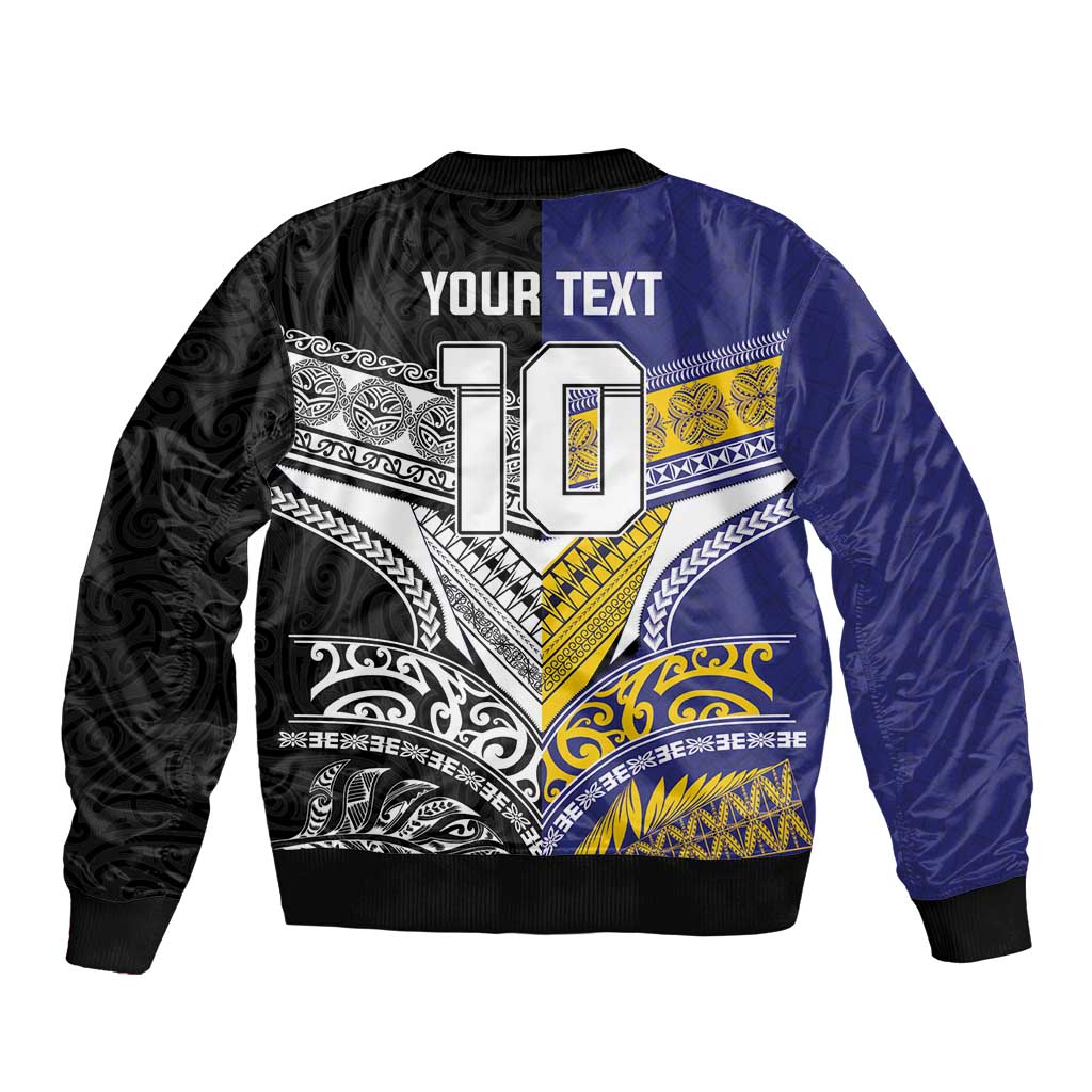 Custom Rugby Niue and Aotearoa Sleeve Zip Bomber Jacket Hiapo with Maori Moko Tribal Heritage Tattoos - Polynesian Pride