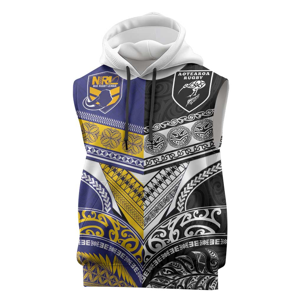 Custom Rugby Niue and Aotearoa Sleeveless Hoodie Hiapo with Maori Moko Tribal Heritage Tattoos - Polynesian Pride