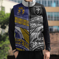 Custom Rugby Niue and Aotearoa Sleeveless Puffer Jacket Hiapo with Maori Moko Tribal Heritage Tattoos - Polynesian Pride