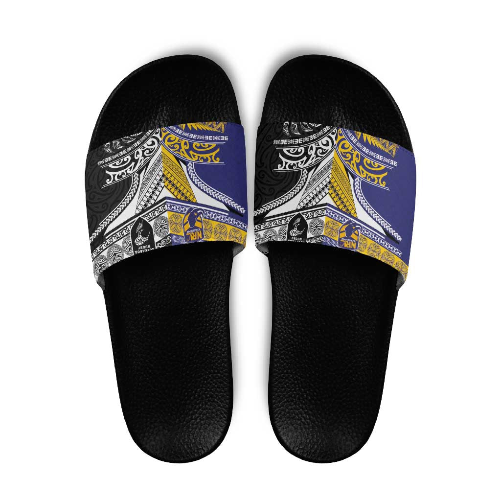 Rugby Niue and Aotearoa Slide Sandals Hiapo with Maori Moko Tribal Heritage Tattoos - Polynesian Pride