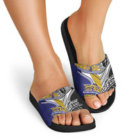 Rugby Niue and Aotearoa Slide Sandals Hiapo with Maori Moko Tribal Heritage Tattoos - Polynesian Pride
