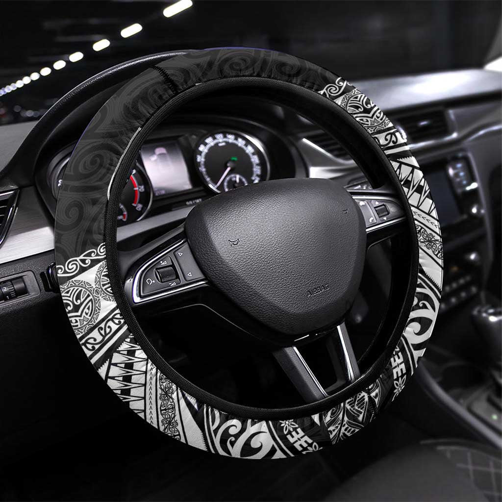 Rugby Niue and Aotearoa Steering Wheel Cover Hiapo with Maori Moko Tribal Heritage Tattoos - Polynesian Pride