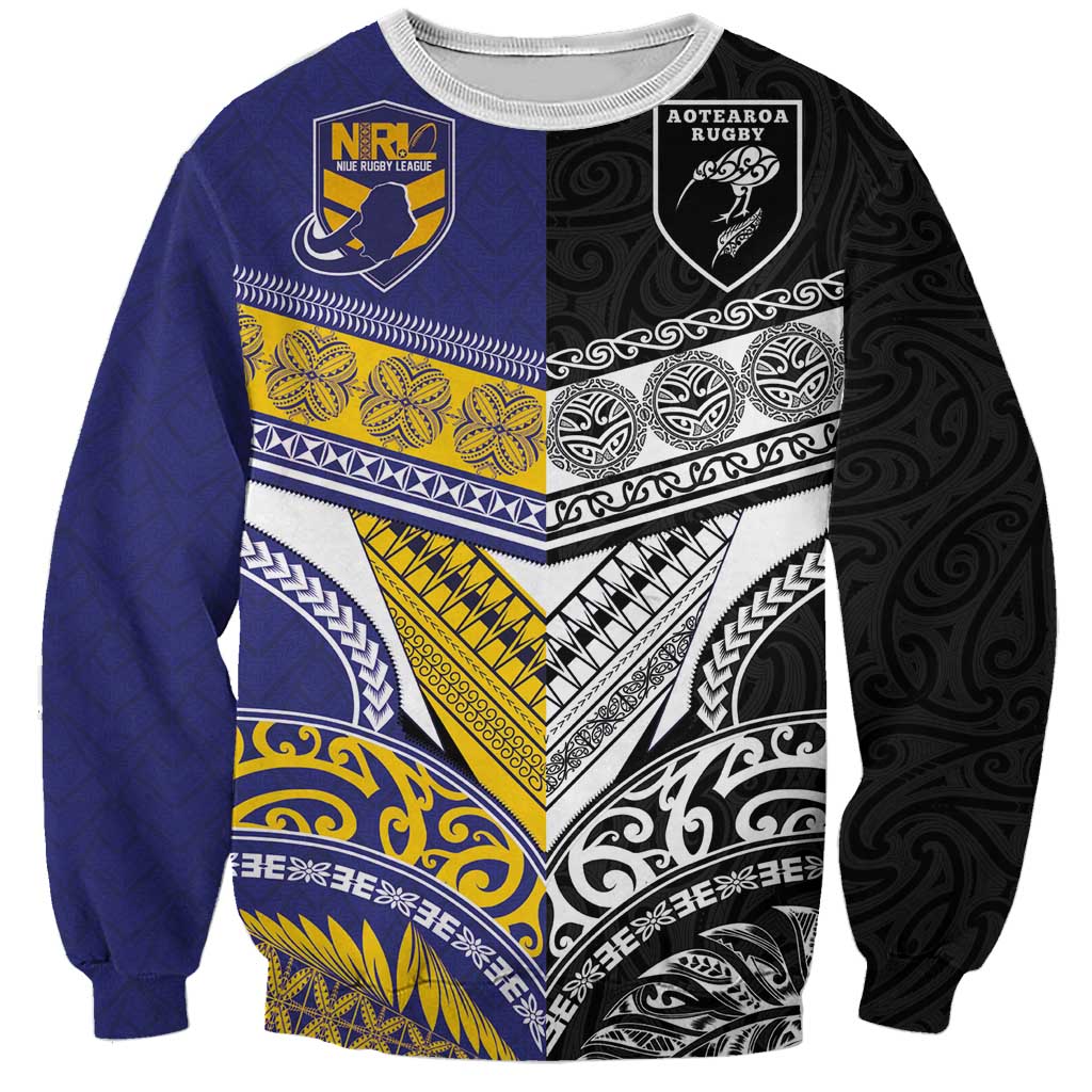Custom Rugby Niue and Aotearoa Sweatshirt Hiapo with Maori Moko Tribal Heritage Tattoos - Polynesian Pride