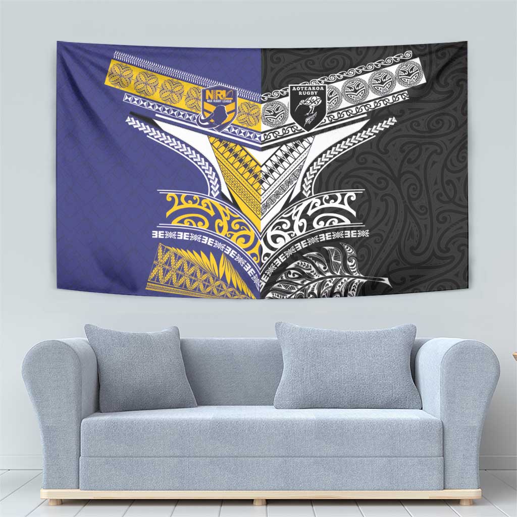 Rugby Niue and Aotearoa Tapestry Hiapo with Maori Moko Tribal Heritage Tattoos - Polynesian Pride