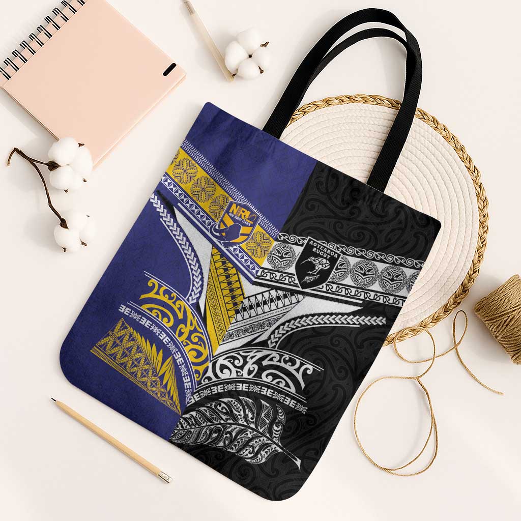 Rugby Niue and Aotearoa Tote Bag Hiapo with Maori Moko Tribal Heritage Tattoos - Polynesian Pride