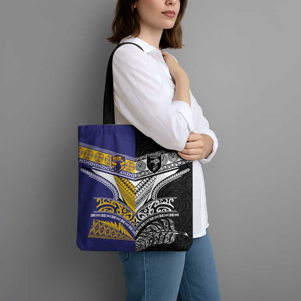 Rugby Niue and Aotearoa Tote Bag Hiapo with Maori Moko Tribal Heritage Tattoos - Polynesian Pride