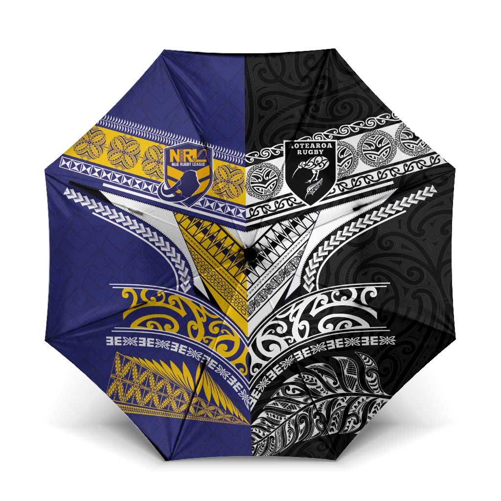 Rugby Niue and Aotearoa Umbrella Hiapo with Maori Moko Tribal Heritage Tattoos - Polynesian Pride