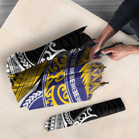 Rugby Niue and Aotearoa Umbrella Hiapo with Maori Moko Tribal Heritage Tattoos - Polynesian Pride