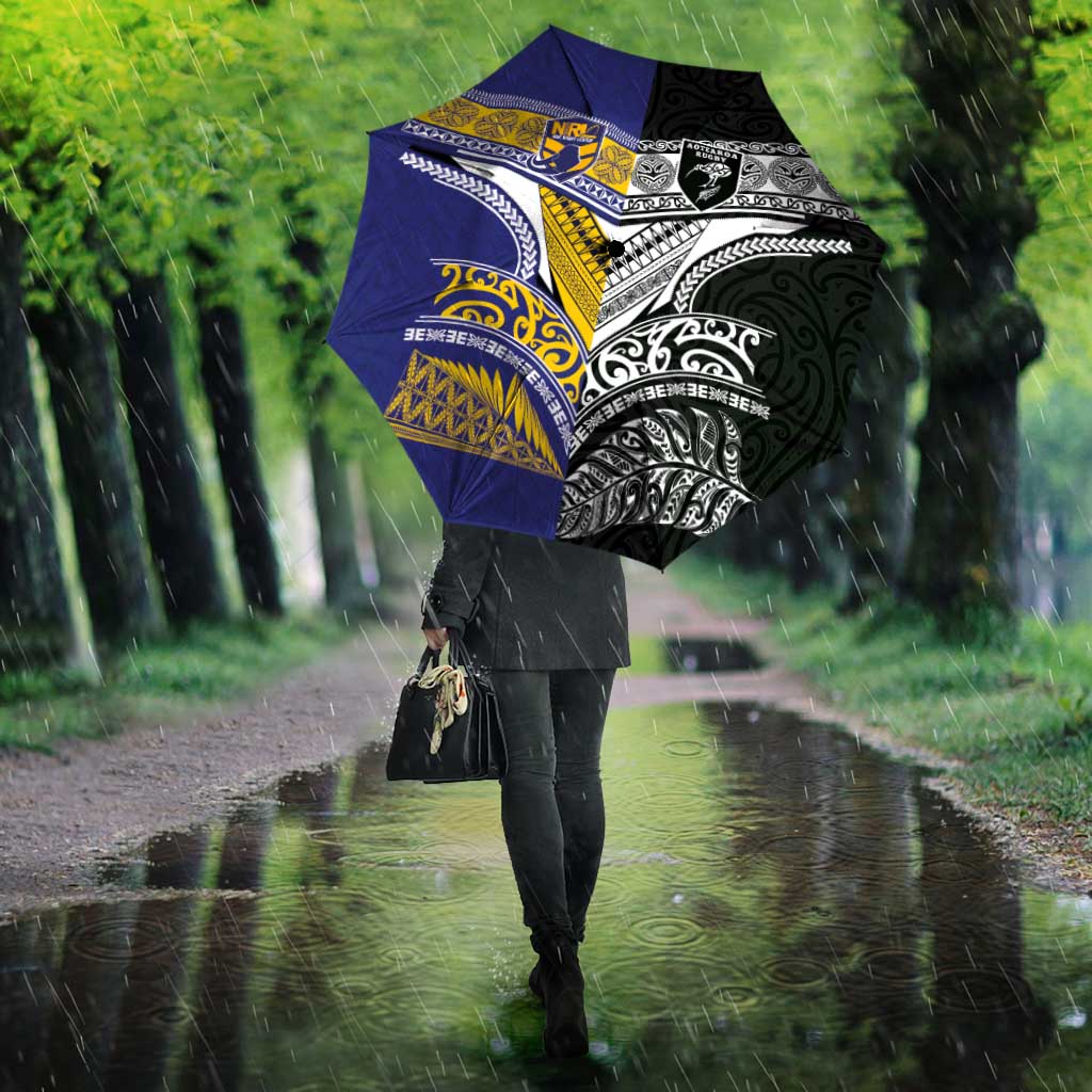 Rugby Niue and Aotearoa Umbrella Hiapo with Maori Moko Tribal Heritage Tattoos - Polynesian Pride