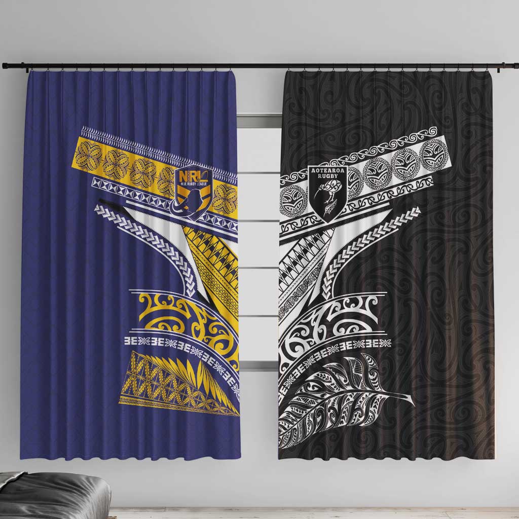 Rugby Niue and Aotearoa Window Curtain Hiapo with Maori Moko Tribal Heritage Tattoos - Polynesian Pride