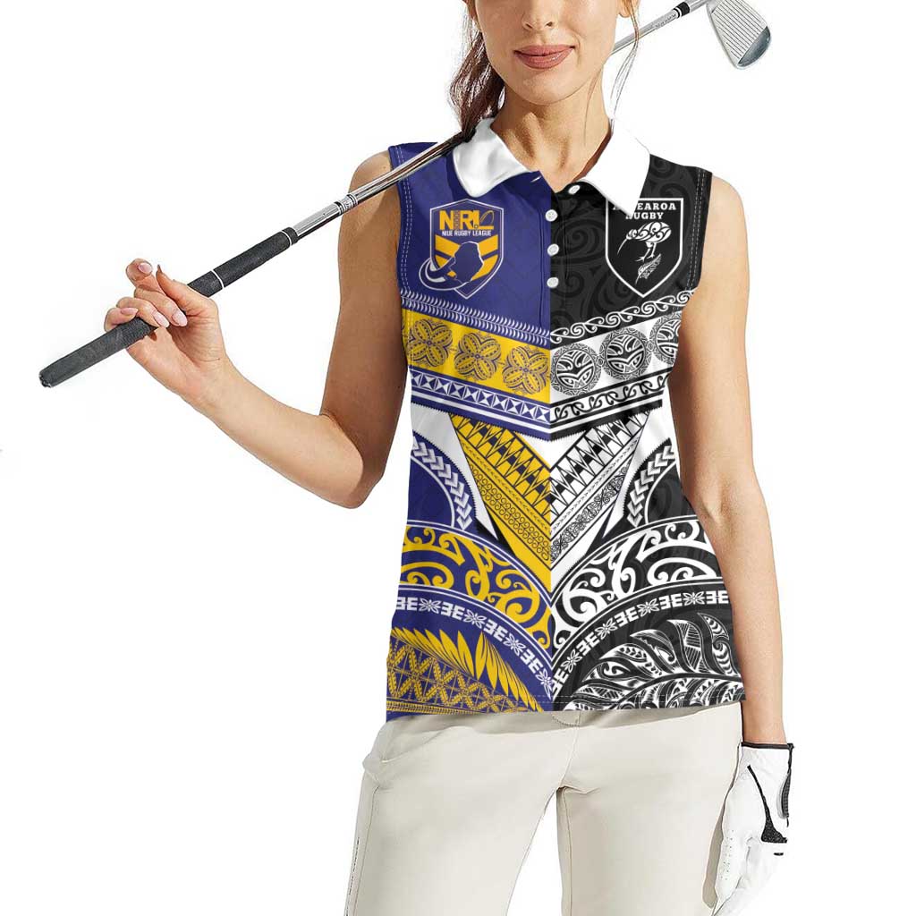 Custom Rugby Niue and Aotearoa Women Sleeveless Polo Shirt Hiapo with Maori Moko Tribal Heritage Tattoos - Polynesian Pride