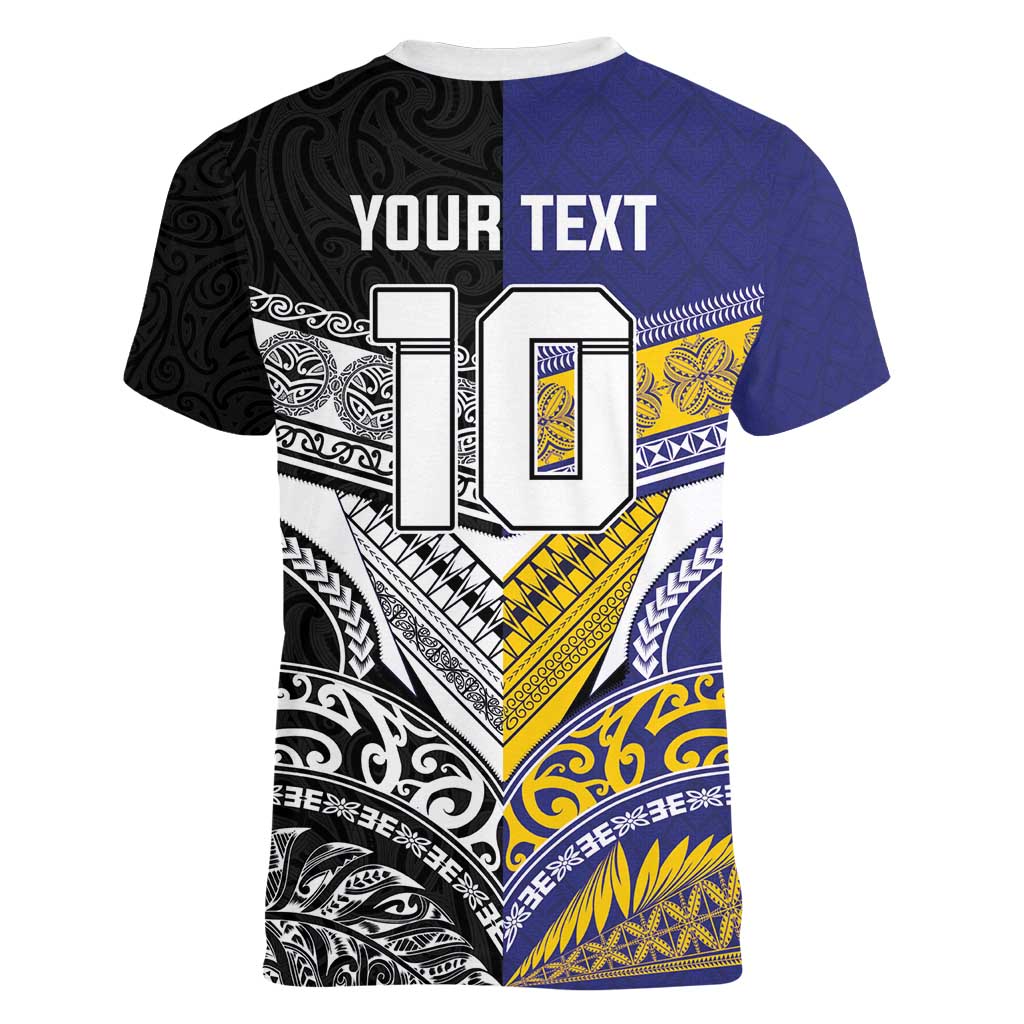 Custom Rugby Niue and Aotearoa Women V-Neck T-Shirt Hiapo with Maori Moko Tribal Heritage Tattoos - Polynesian Pride