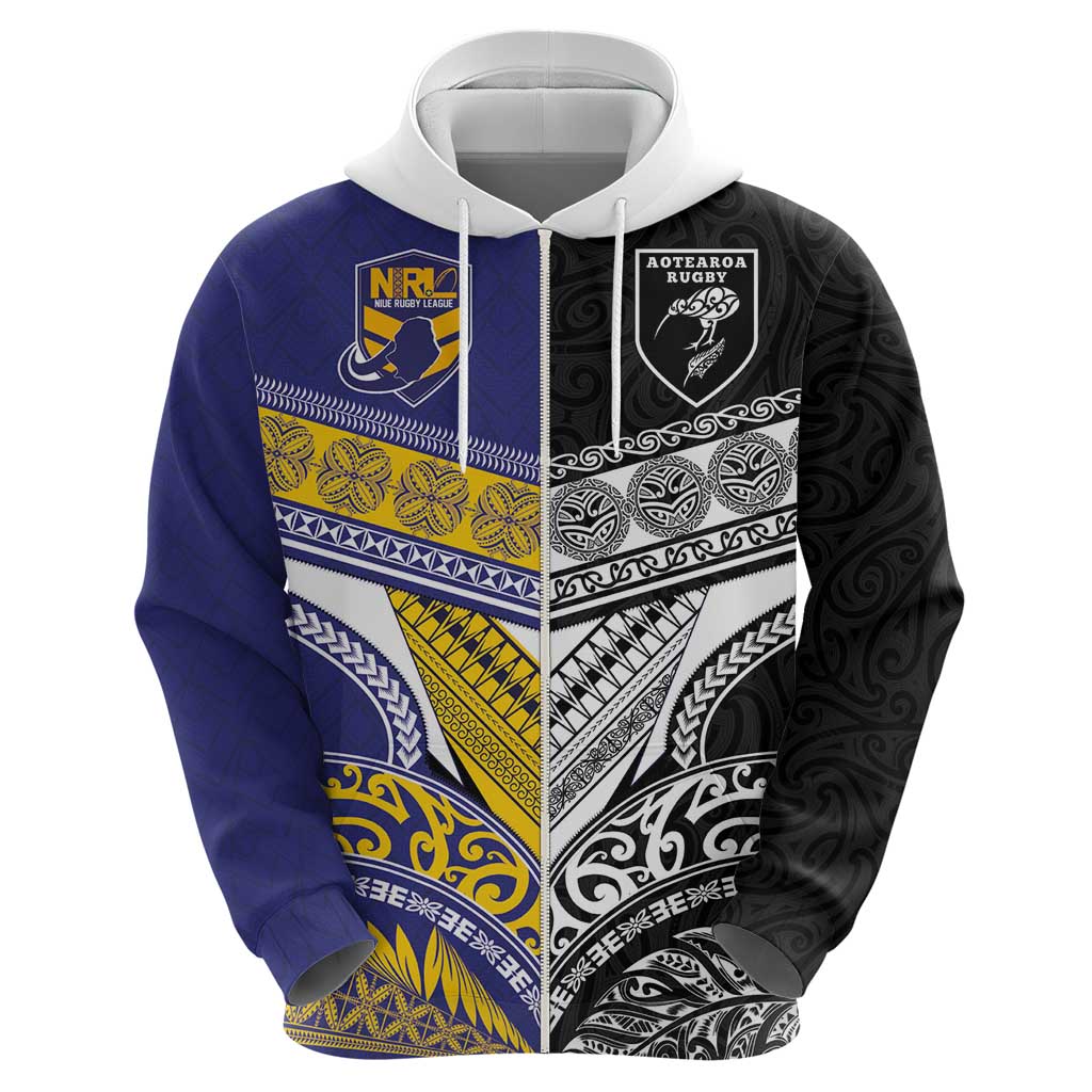 Custom Rugby Niue and Aotearoa Zip Hoodie Hiapo with Maori Moko Tribal Heritage Tattoos - Polynesian Pride