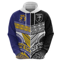 Custom Rugby Niue and Aotearoa Zip Hoodie Hiapo with Maori Moko Tribal Heritage Tattoos - Polynesian Pride