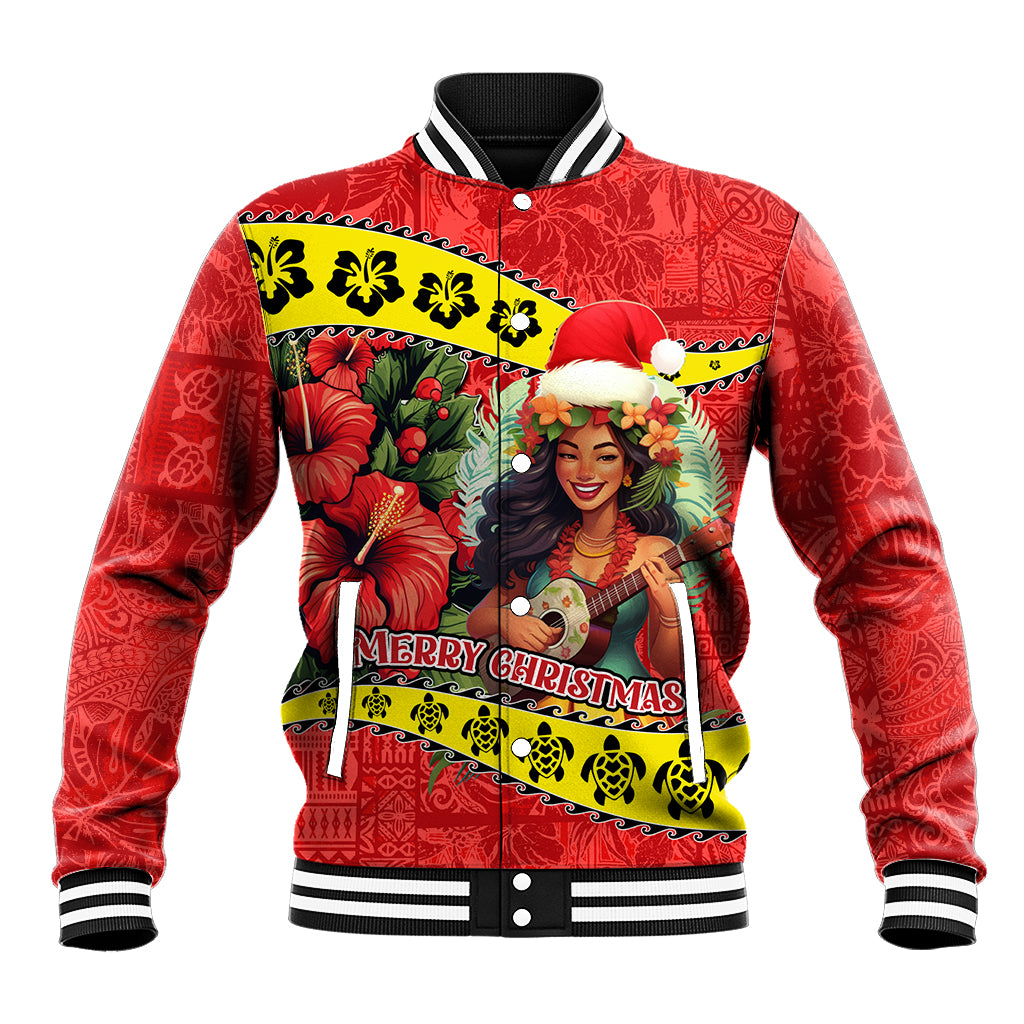 Hawaii Christmas Baseball Jacket Hula Girl Hibiscus With Hawaiian Style Tribal Fabric Patchwork LT03 Unisex Red - Polynesian Pride