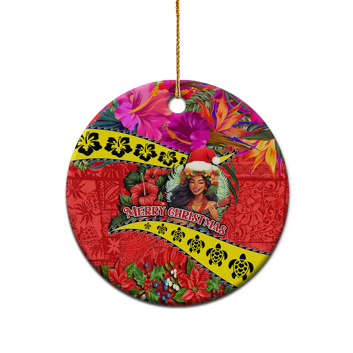 Hawaii Christmas Ceramic Ornament Hula Girl Hibiscus With Hawaiian Style Tribal Fabric Patchwork LT03 - Polynesian Pride