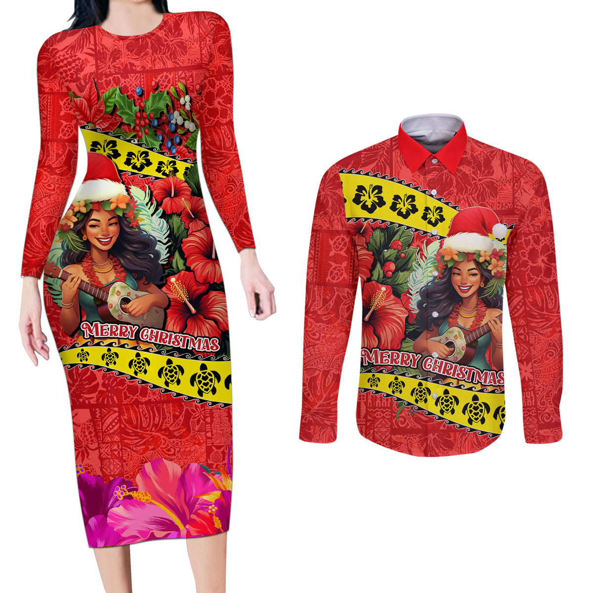 Hawaii Christmas Couples Matching Long Sleeve Bodycon Dress and Long Sleeve Button Shirt Hula Girl Hibiscus With Hawaiian Style Tribal Fabric Patchwork LT03 Red - Polynesian Pride