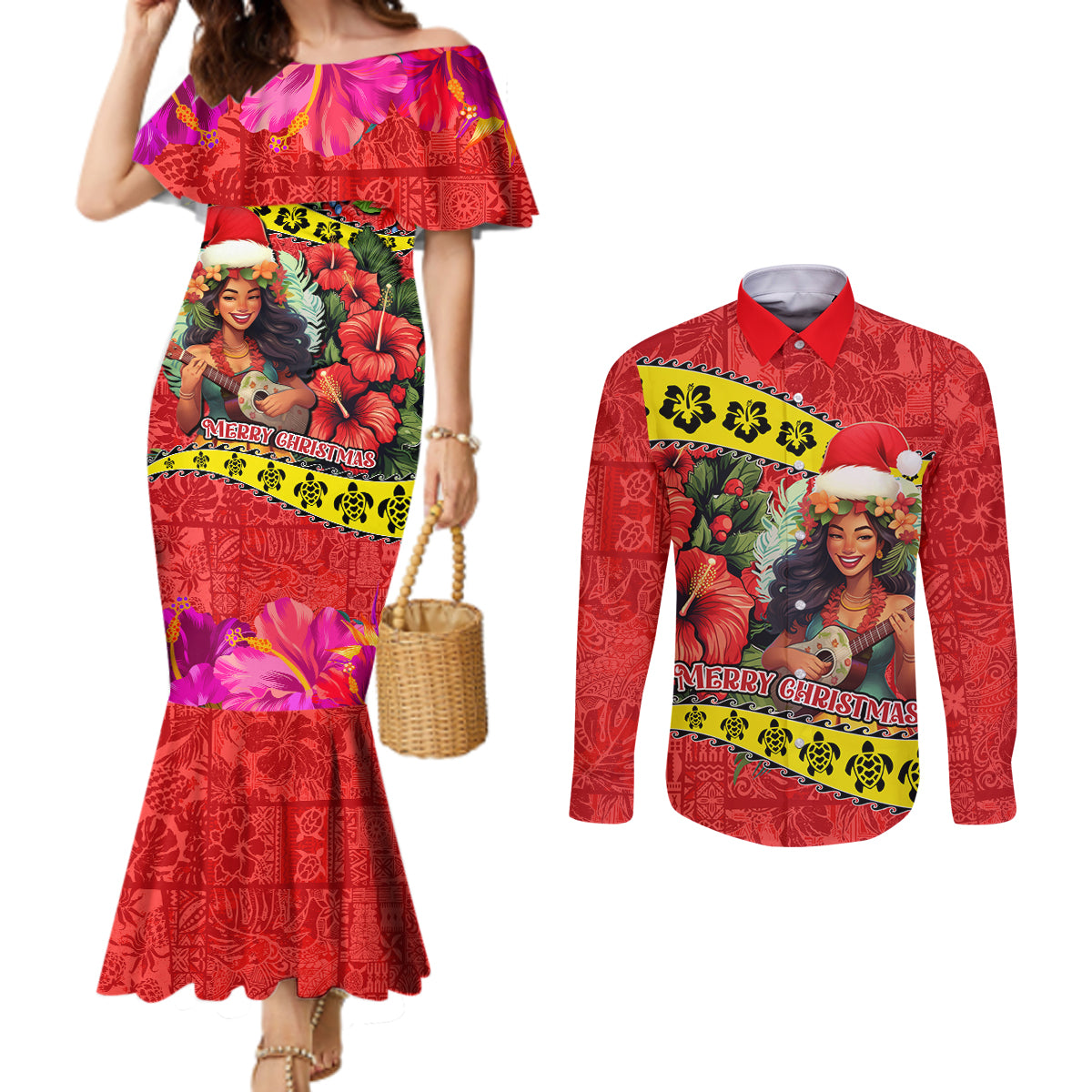 Hawaii Christmas Couples Matching Mermaid Dress and Long Sleeve Button Shirt Hula Girl Hibiscus With Hawaiian Style Tribal Fabric Patchwork LT03 Red - Polynesian Pride
