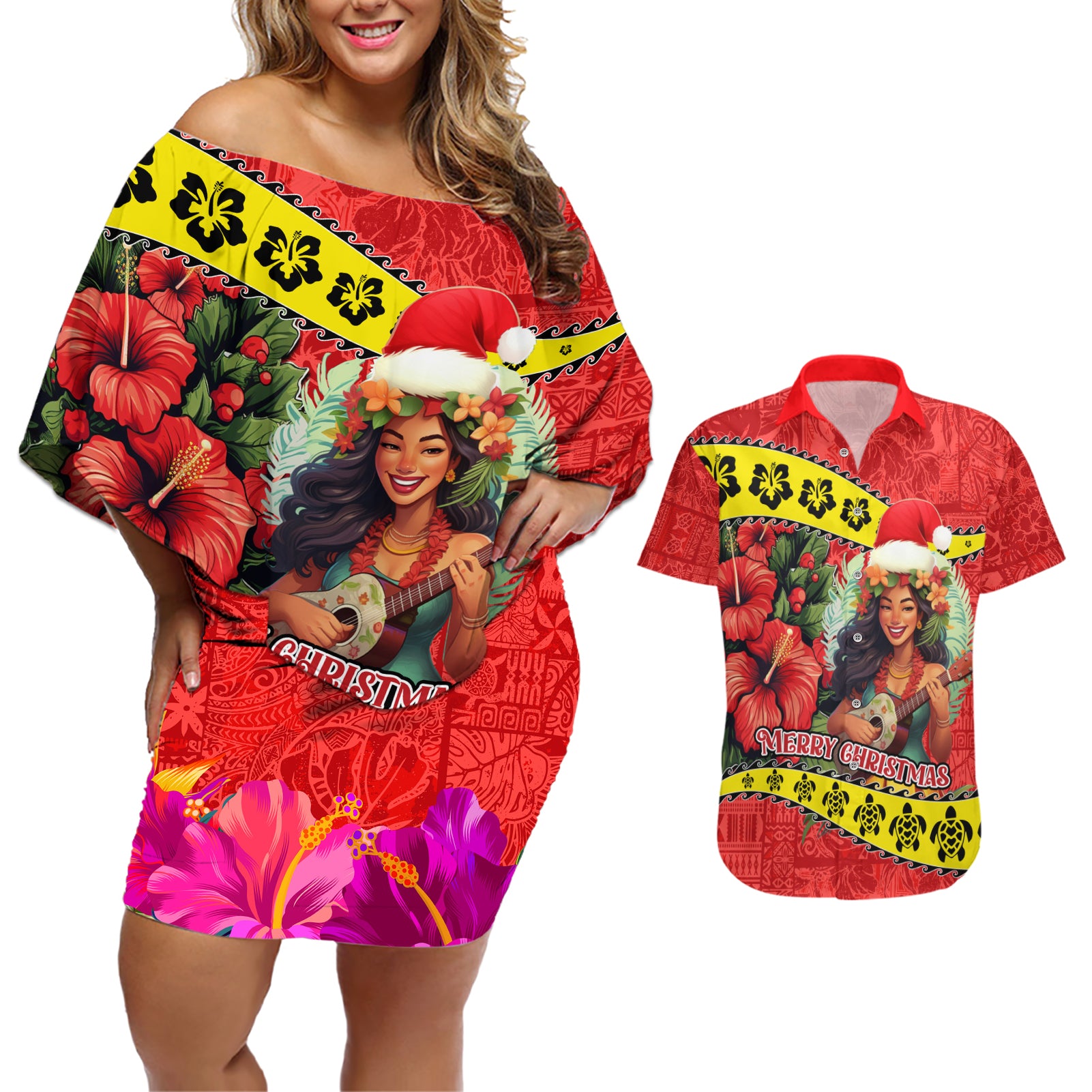 Hawaii Christmas Couples Matching Off Shoulder Short Dress and Hawaiian Shirt Hula Girl Hibiscus With Hawaiian Style Tribal Fabric Patchwork LT03 Red - Polynesian Pride