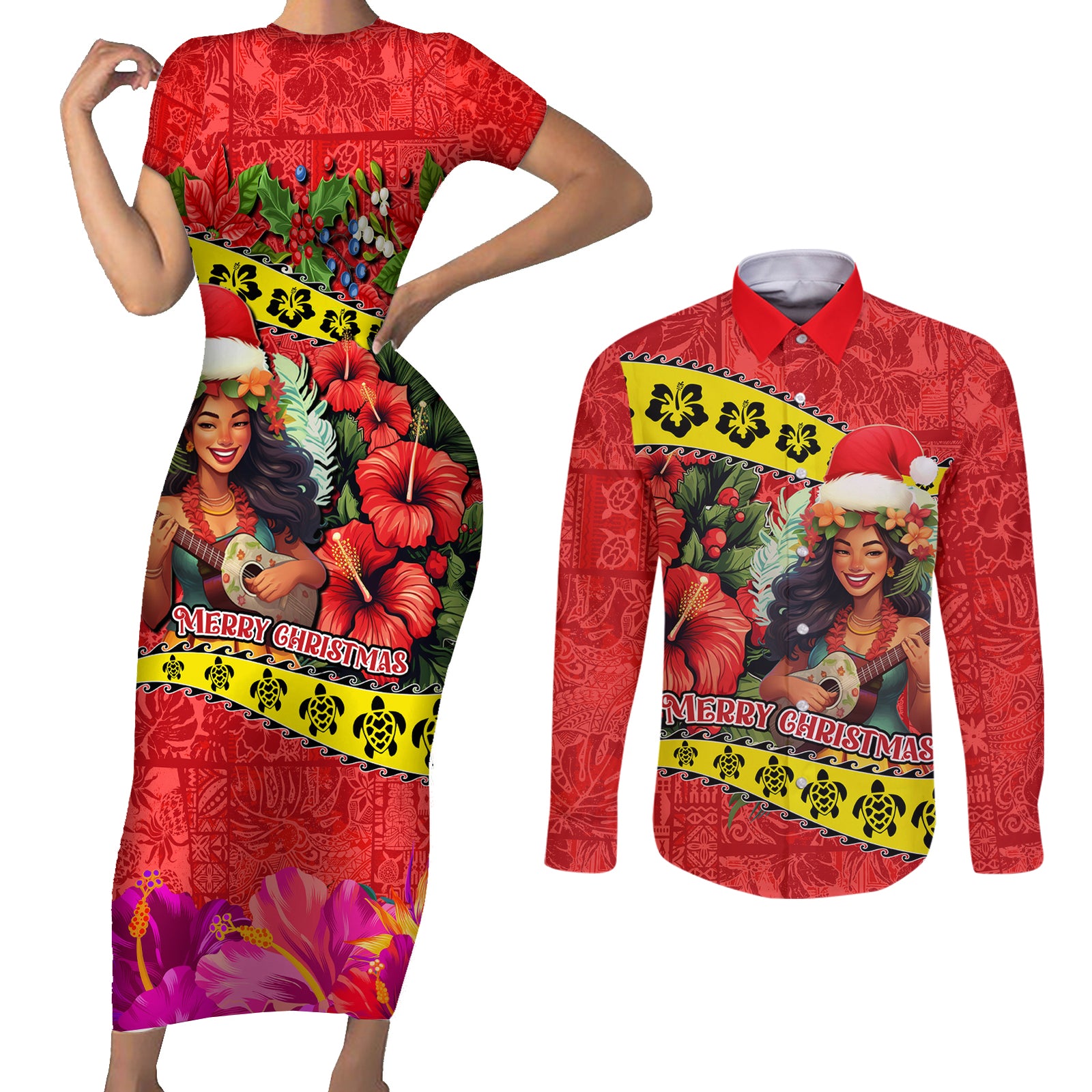 Hawaii Christmas Couples Matching Short Sleeve Bodycon Dress and Long Sleeve Button Shirt Hula Girl Hibiscus With Hawaiian Style Tribal Fabric Patchwork LT03 Red - Polynesian Pride