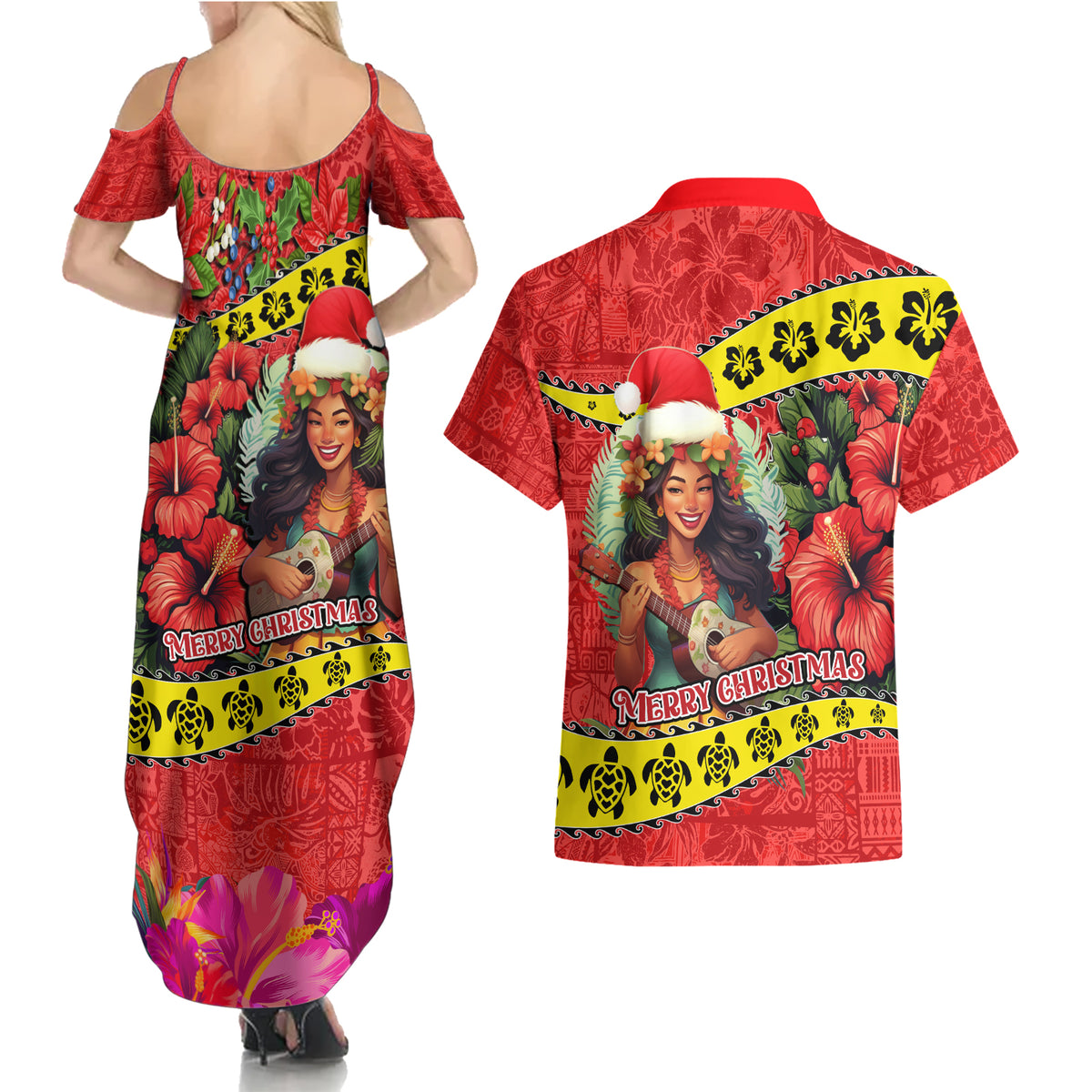 Hawaii Christmas Couples Matching Summer Maxi Dress and Hawaiian Shirt Hula Girl Hibiscus With Hawaiian Style Tribal Fabric Patchwork LT03 - Polynesian Pride